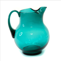 Vintage Hand-Blown Green Art Glass Large Pitcher With Pontil Applied Handle 9&quot; - £23.17 GBP