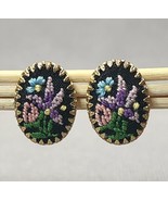 Vintage Floral Needlepoint Cross Stitch Flowers Gold-tone Clip-on Stud E... - £13.93 GBP