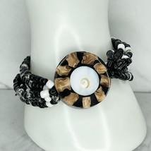 Black and White Beaded Mother of Pearl Shell Inlay Stretch Bracelet - £5.51 GBP