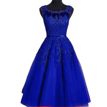 Kivary Sheer Bateau Tea Length Short Lace Prom Homecoming Dresses Royal Blue US  - £93.02 GBP