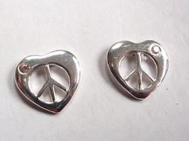 Heart Peace Sign Stud Earrings with Tiny Pink CZ 925 Sterling Silver Post New - $7.64