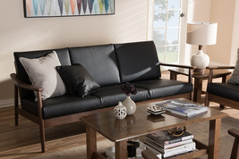 Carrie Walnut Wood Black Faux Leather 3-Seater Sofa - $14,023.20 MXN