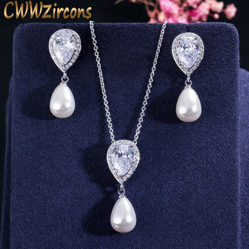 Brilliant Quality Cute Water Drop Cubic Zirconia Dangling Pearl Necklace Earring - £18.15 GBP