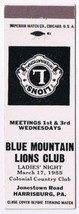 Lions Club Matchbook Cover Harrisburg PA Blue Mountain Lions Club White - £1.13 GBP