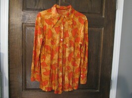 Vintage Orange Mushroom Disco Shirt Pointy Collar Poly Psychedelic Groovy Hippie - £135.39 GBP