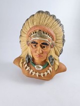 Vtg Native American Chief Bear Tooth Necklace Plaster Ceramic Figurine Statue 7&quot; - £29.16 GBP