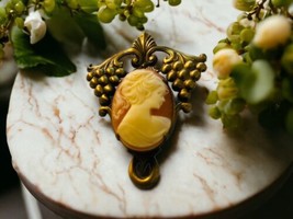Art Nouveau Carved Coral Cameo Brooch Pin Lady Ponytail Grapes Bronze Unique - £18.15 GBP