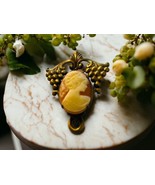 Art Nouveau Carved Coral Cameo Brooch Pin Lady Ponytail Grapes Bronze Un... - $427.22 MXN