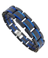 Electric Blue Black Carbon Fiber Bracelet Mens Stainless Steel 8.5in Lin... - £76.50 GBP