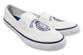 Brooks Brothers Sperry White &amp; Navy Crest Canvas Slip On Sneakers, 9.5 M... - $99.00