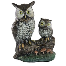 Vintage Owl Mom Baby Perched On Log With Mushrooms Figurine Hand Painted - £19.54 GBP