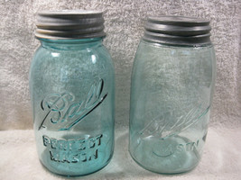 Pair of Blue Ball Quart Fruit Jars with Zinc/Ceramic Lids Early Logos - $24.74