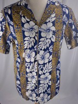 Kalena Fashions Hawaiian Shirt Men Ss Sz M Hibiscus Blue Whte Brwn Tailored Pckt - £8.59 GBP