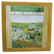 Lowell Herrero 1982 Farming Town Scene Folk Art Tile Wood Trivet wall Ha... - £13.43 GBP