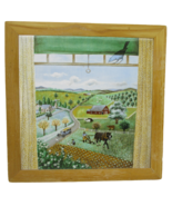 Lowell Herrero 1982 Farming Town Scene Folk Art Tile Wood Trivet wall Ha... - $16.81
