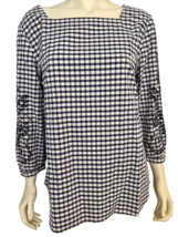 Talbots Navy and White Checked Square Neck 3/4 Sleeve Pullover Top Side Zip XL - £22.77 GBP