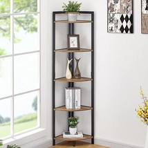 Industrial Corner Shelf, 5 Tier Tall Corner Bookshelf, Wood And Metal Corner Boo - £135.49 GBP