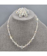 Vintage Aurora Borealis Crystal Bead Necklace Brooch Set Clear Iridescen... - $54.72 CAD