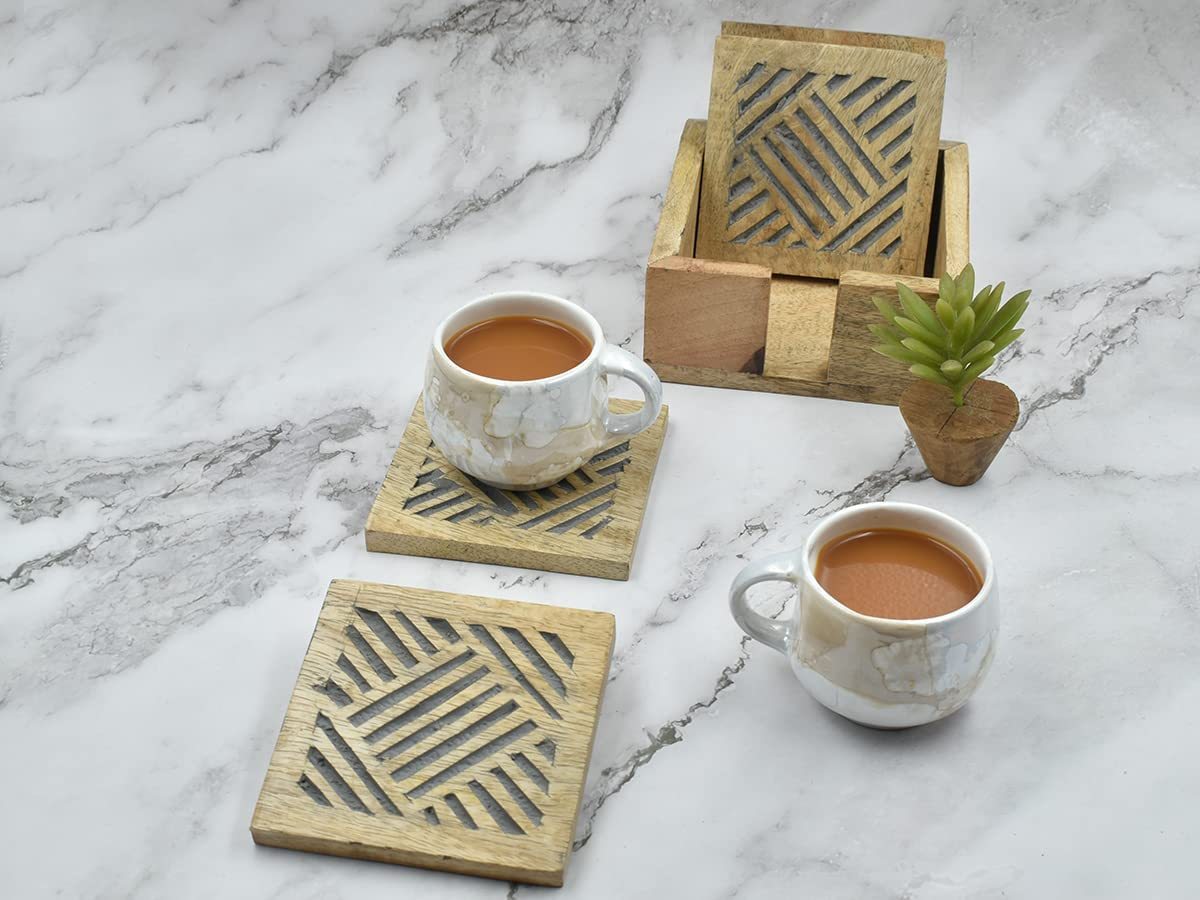 Store Indya Set of 4 Wooden Square Coasters with Holder for Tea Coffee B... - $14.99