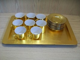 Ceramic Qty 8 Cups &amp; Saucers With Plastic Tray Gold Color Omnibus Mfg Japan - £23.49 GBP