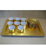 Ceramic Qty 8 Cups &amp; Saucers With Plastic Tray Gold Color Omnibus Mfg Japan - £23.86 GBP