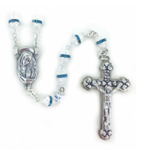 Aqua Crystal Glass Beads Crucifix Rosary Necklace - £39.95 GBP