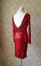 Sexy Wine Red Fitted Long Sleeve Open Back Sequin Dress Plus Size Party Dress image 3