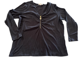Michael Kors Women&#39;s 3X Black Zip Collar Ruched Front Long Sleeve Blouse... - $492.81 MXN