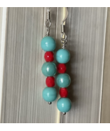 Turquoise &amp; Red Czech Glass Earrings - Hook Dangle Earrings - Beaded Ear... - €4,34 EUR