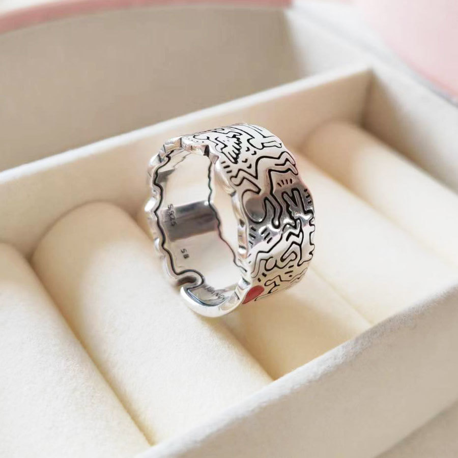 925 Sterling Silver Kaith Haring Line Art Love & People Wide Ring For Women