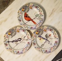 Set Of 3 American Atelier Morning Song Salad Plates 8.25&quot; Cardinal, Birds - £15.32 GBP