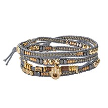 Shimmering Brass and CZ Hamsa Hand Beaded Grey Leather Wrap Bracelet - £17.66 GBP