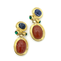 GIVENCHY carved stone scarab clip-on earrings - vintage gold Egyptian Revival - £67.94 GBP