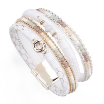White Leather Bracelets for Women Rhinestone Crystal Metal Charm Wide Multilayer - £13.33 GBP