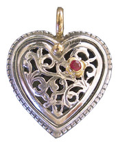 Gerochristo 1275 -  Solid 18K Gold, Silver &amp; Ruby Filigree Heart Pendant  - $375.00