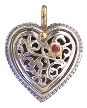 Gerochristo 1275 -  Solid 18K Gold, Silver &amp; Ruby Filigree Heart Pendant  - £299.38 GBP