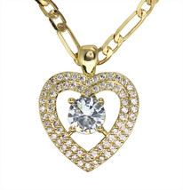 Womens Heart Double Row CZ Pendant 20&quot; Figaro Necklace 14k Gold Plated Jewelry - £7.68 GBP