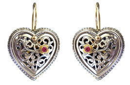 Gerochristo 1275 -   Solid 18K Gold, Silver & Ruby Filigree Heart Earrings  - £558.71 GBP
