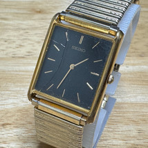 Vintage Seiko Quartz Watch V700-5K30 Men Gold Tone Black Rectangle New Battery - £30.62 GBP