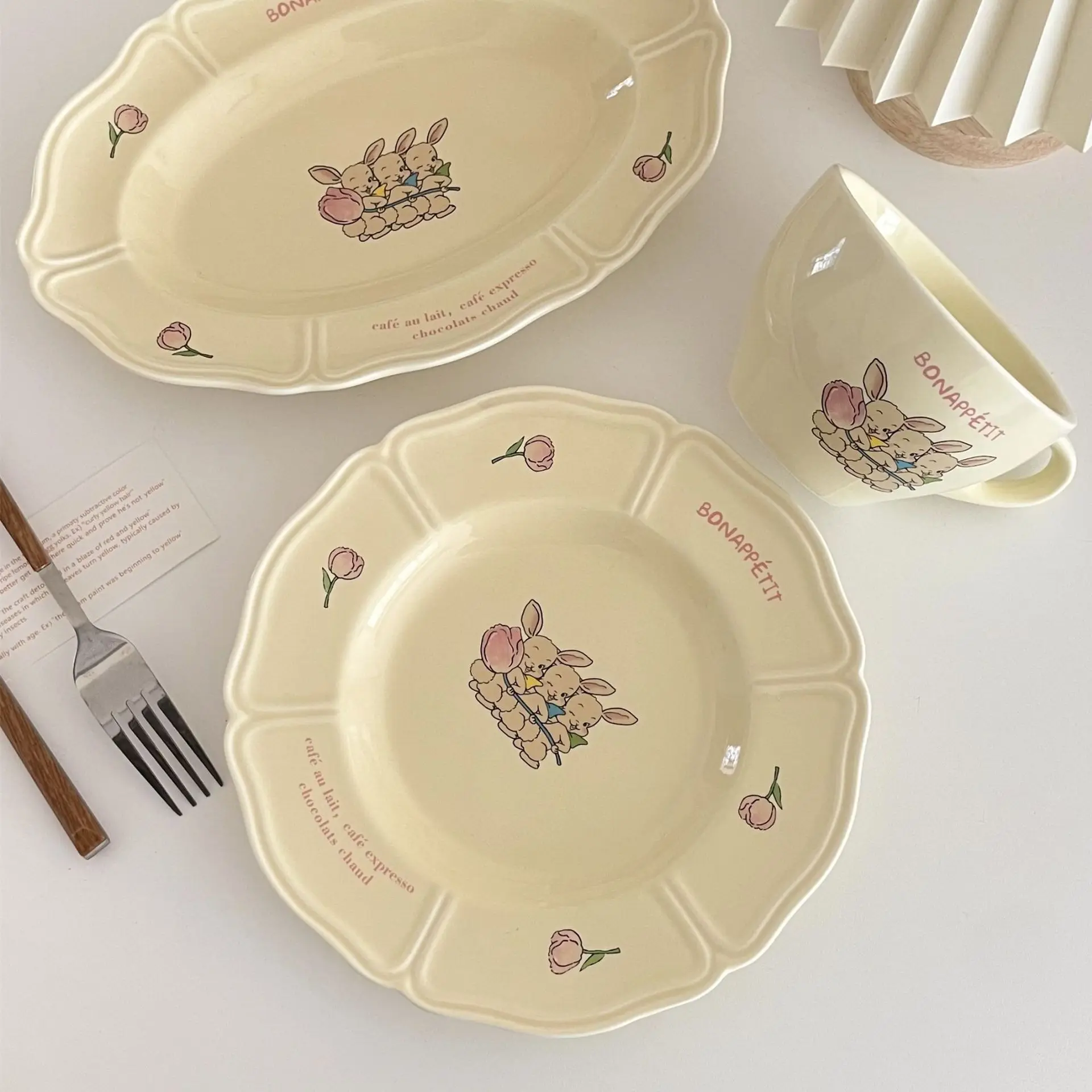 Korean INS Vintage Plate French Three Rabbit Plate Tulip Cream Lace Plat... - $1.62