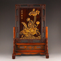 Vintage Chinese Zitan Wood Inlay Bamboo Lotus Flower Design Screen - $499.00