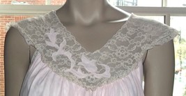 Avian Vintage Short S Pink Nightgown Sheer Chiffon Beige Yoke Applique Lace - £27.62 GBP