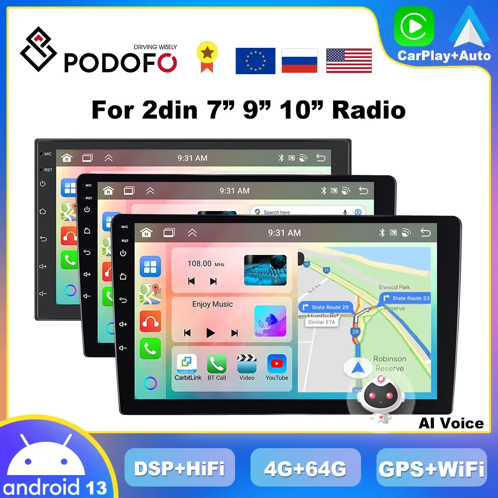 Podofo 7&quot; 9&quot; 10&quot; CarPlay Android Car Radio Universally WiFi GPS Stereo Receiver - £100.25 GBP+