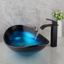 Tempered Glass Waterfall Faucet Oval Basin with Drain Pipe Set 2 - £966.00 GBP