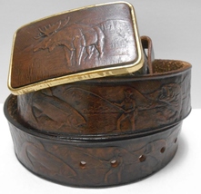 ARTEC CANADA Vintage Leather BELT Dk Brown Tooled Moose &amp; Fishing Theme ... - £35.73 GBP
