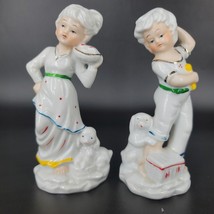 Porcelain Figurines 6&quot; Boy And Girl With Puppies  Japan Hand Painted Vintahe - £7.64 GBP