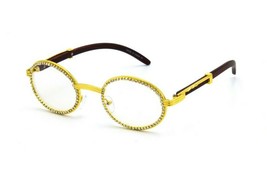 Men&#39;s Vintage Retro Gold Clear Lens Wood Frame Hip Hop Iced Cz Fashion Glasses - £19.94 GBP