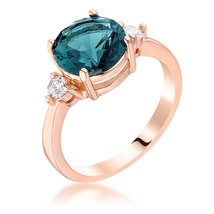 Rose Gold Plated Brass Blue-Green Cubic Zirconia 3-Stone Engagement Ring - £17.57 GBP