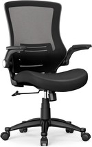 Black Computer Chair With Flip-Up Armrests, Lumbar Support,, Back And A Swivel. - £93.80 GBP