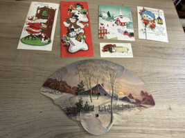 Lot vtg Christmas cards &amp; winter folding fan early 1900s thru mid-century 6 pcs - £18.82 GBP